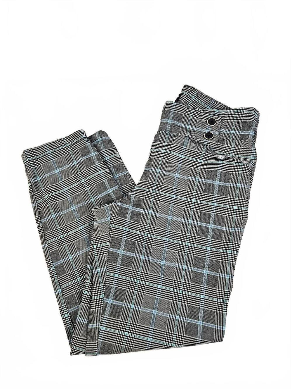 SOHO Apparel Plaid Ankle Pants Size L Gray Teal Checked Stretch Dress Slacks